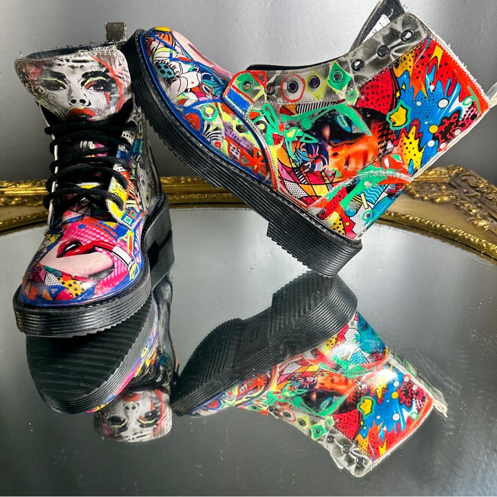 Upcycled one-of-a-kind pop art vegan leather boots by m3 of royal filth studio